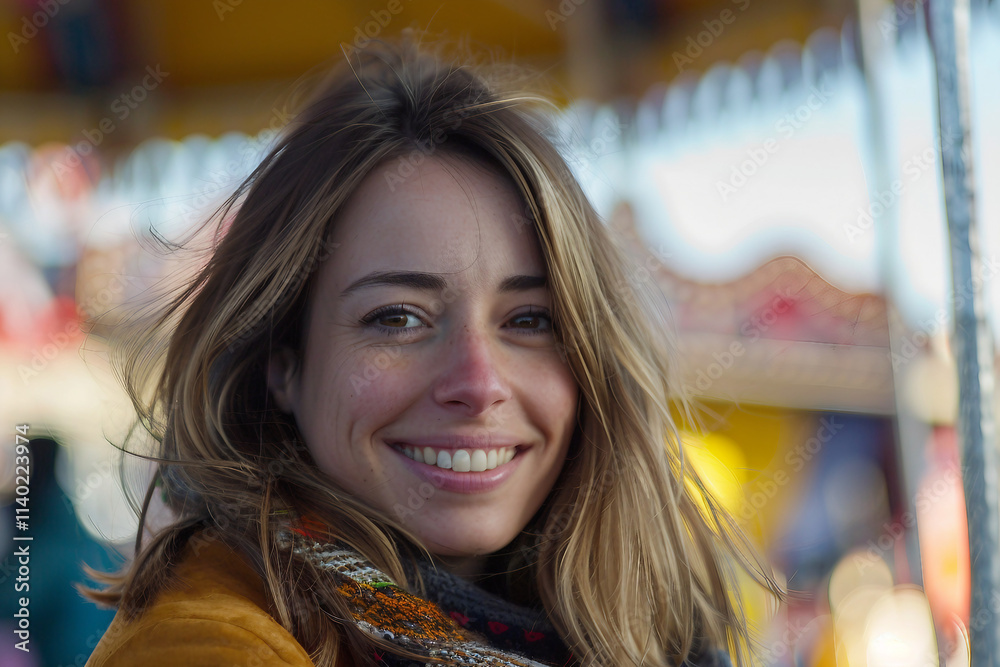 Generative AI Image of Young people friends Woman Man Enjoying Summer Fair with Colorful Amusement Park Background
