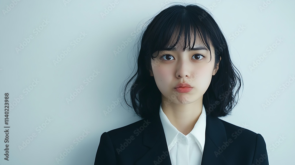 Portrait of an upset and disappointed asian japanese office girl in professional attire Portrait of an upset and disappointed asian japanese office girl in professional attire