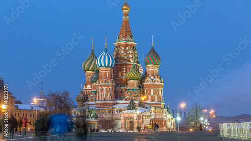 Red Square in winter day to night timelapse with Cathedral of St. Basil, Russia