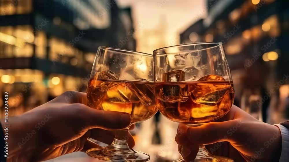 Close up shot of male hand toasting with drinks with big city lights as background