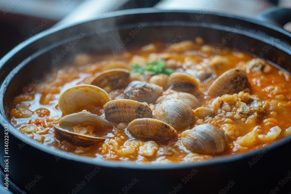 Korean dishes soft tofu stew and clam soup