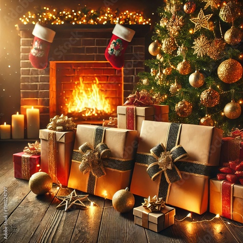 Xmas background mockup with copyspace. Boxes of gifs under cristmas fir tree on wooden floor near fireplace. Ornaments, garland and golden ball with beautiful orange backlight
