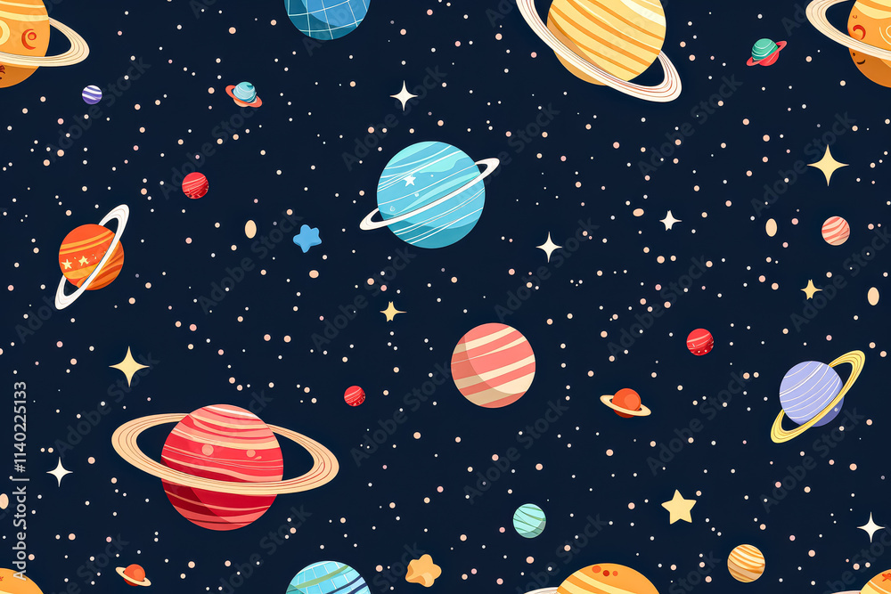 Naklejka premium Colorful space scene with planets and stars. The planets are of different sizes and colors, and the stars are scattered throughout the image. Scene is one of wonder and awe