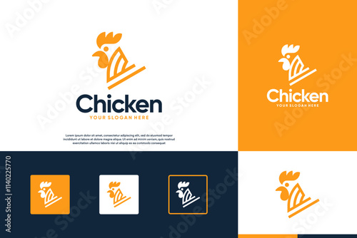abstract chicken head logo with line art style ,rooster ,strong, graphic design template.