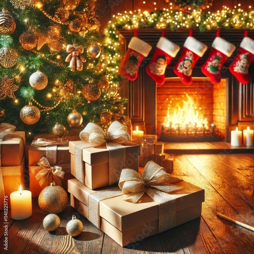 Xmas background mockup with copyspace. Boxes of gifs under cristmas fir tree on wooden floor near fireplace. Ornaments, garland and golden ball with beautiful orange backlight