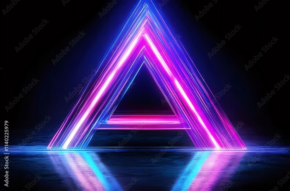 Glowing neon triangle reflecting on dark surface. Glowing neon triangle reflecting on dark surface.
