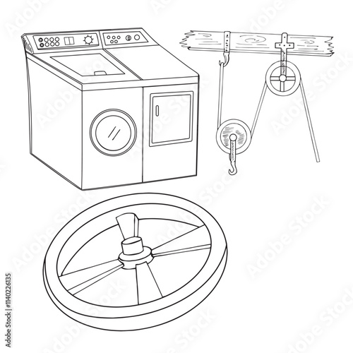 Cute cartoon hand drawn vector Science experiment on force and motion with pulley coloirng page