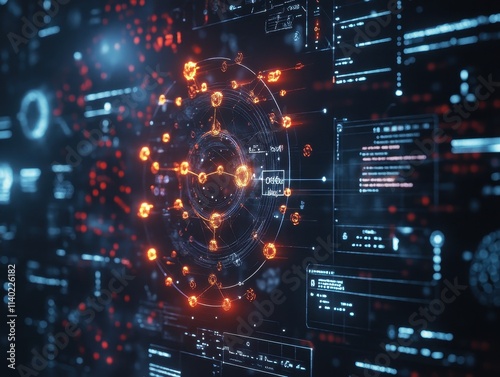 Abstract digital visualization of atomic structure and data interfaces.