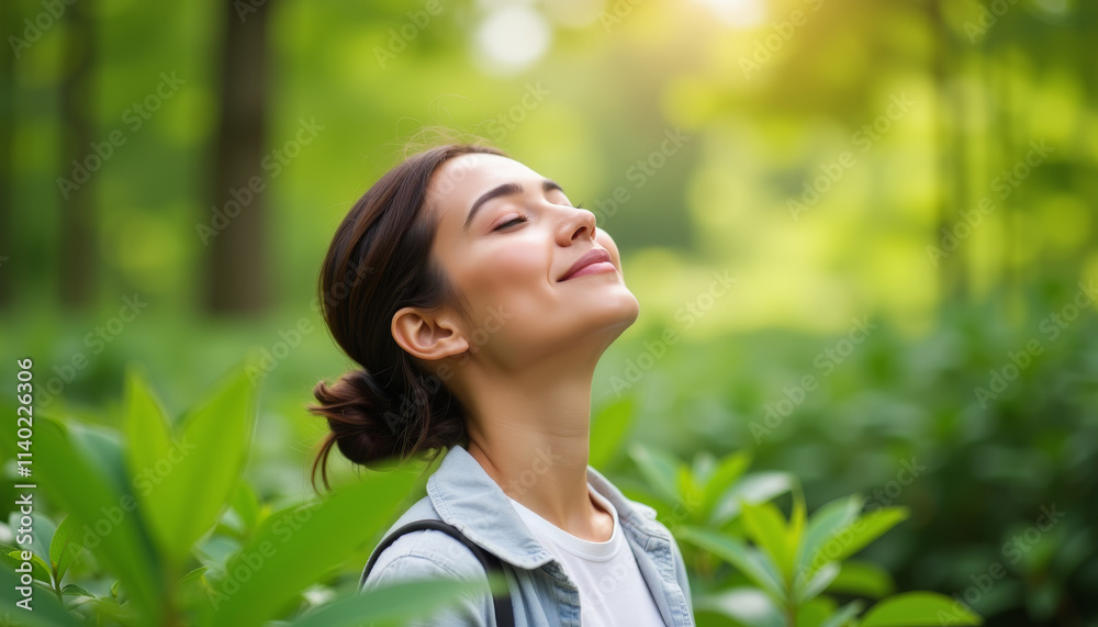 Woman enjoying serenity in a lush green forest during bright daytime radiance Woman enjoying serenity in a lush green forest during bright daytime radiance