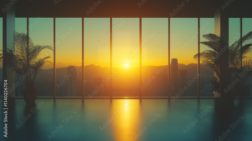 Fototapeta premium Golden sunlight pours into a spacious, unfurnished office with modern finishes and panoramic windows overlooking a stunning view