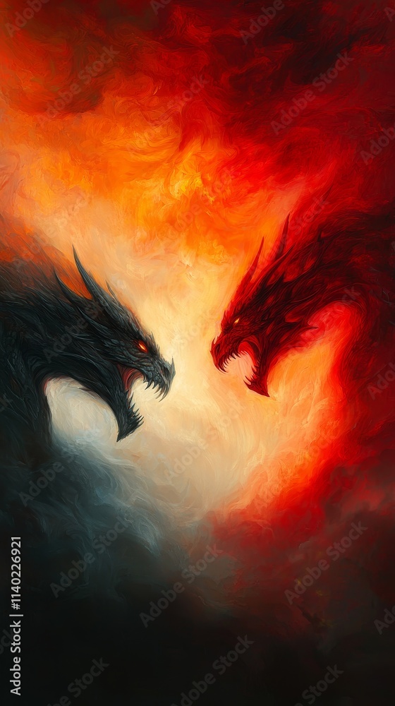 Fototapeta premium Two Dragons Clash in the Sky with Fiery Clouds and a Dramatic Mountain Backdrop 