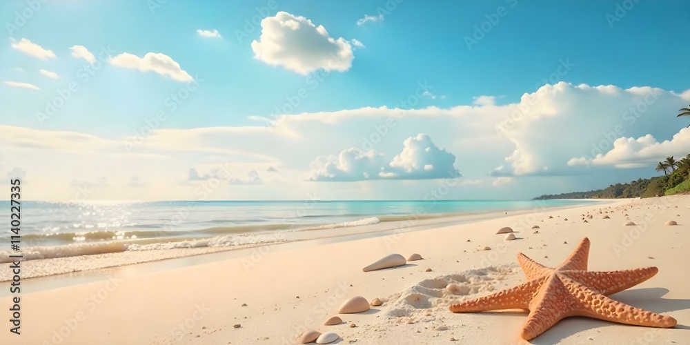 A sandy beach with seashells and a calm, blue ocean in the background under a cloudy sky A sandy beach with seashells and a calm, blue ocean in the background under a cloudy sky