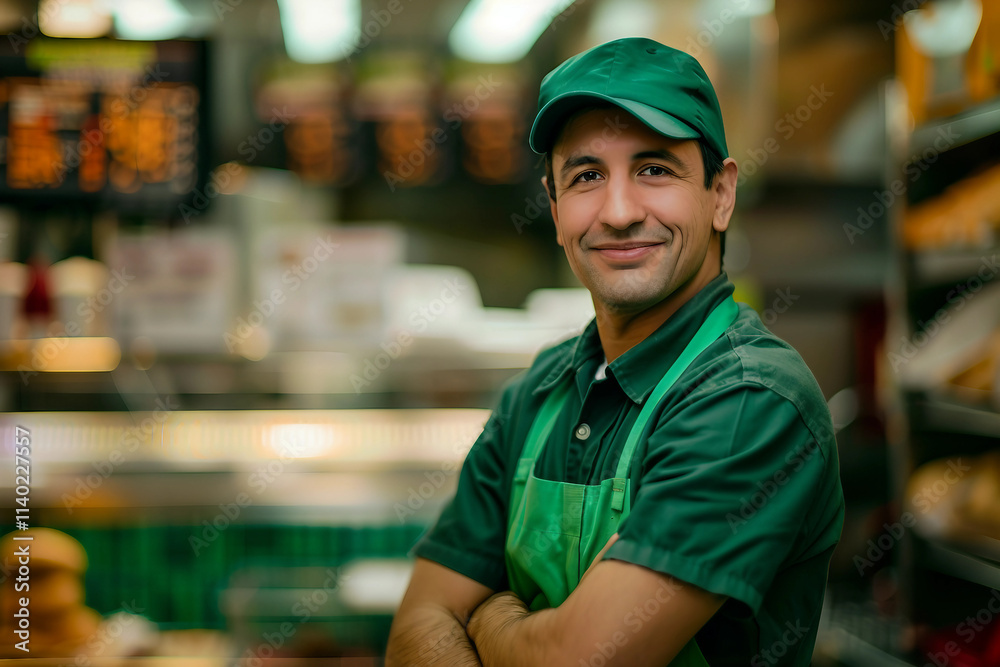 Generative AI Image of a Smiling Fast Food Worker Serving Burgers and Fries in a Cafeteria Setting Generative AI Image of a Smiling Fast Food Worker Serving Burgers and Fries in a Cafeteria Setting