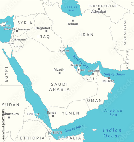 Middle East, political map countries with capitals and international borders