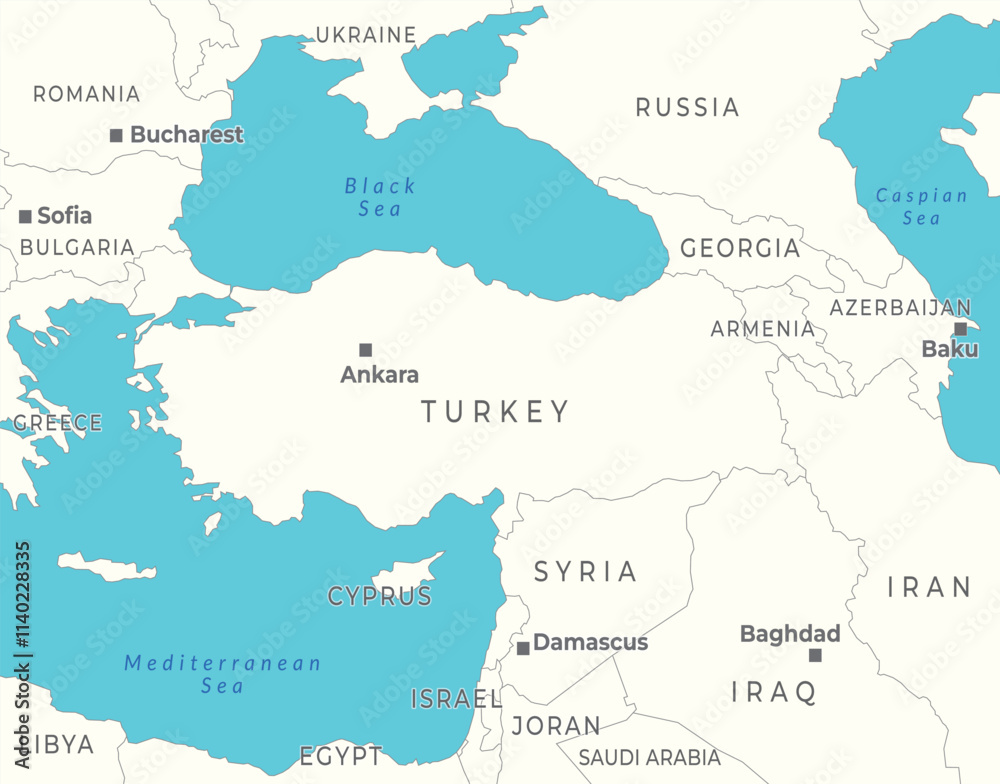 Political map of Turkey and Syria, highlighting the surrounding neighboring countries Political map of Turkey and Syria, highlighting the surrounding neighboring countries