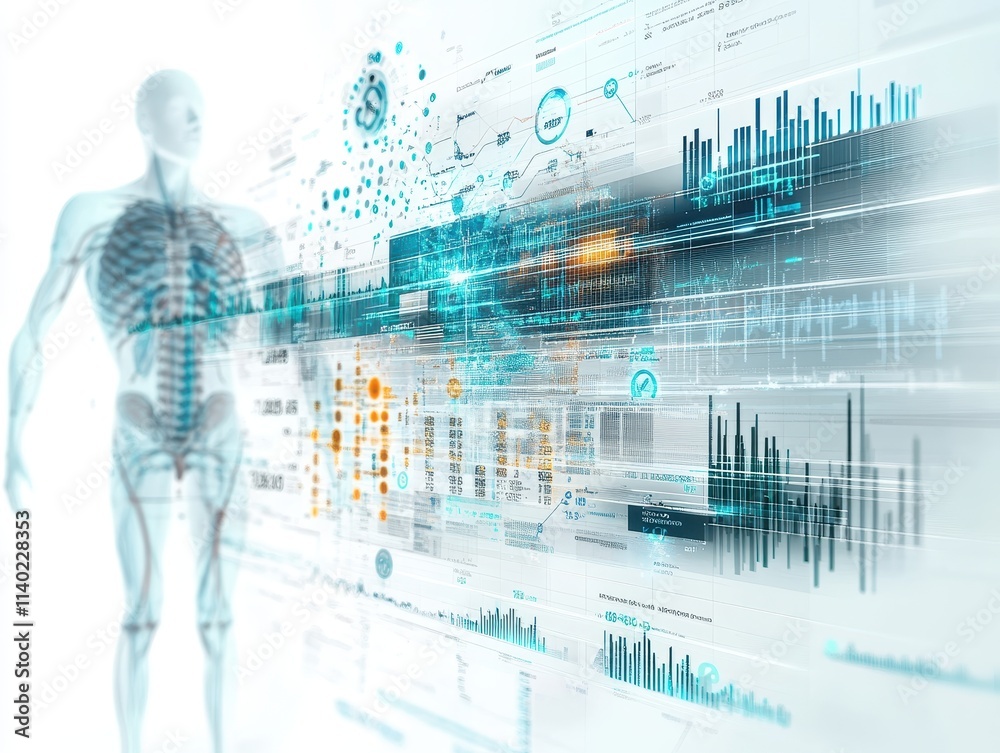 Fototapeta premium A digital representation of a human skeleton with data visualization elements.