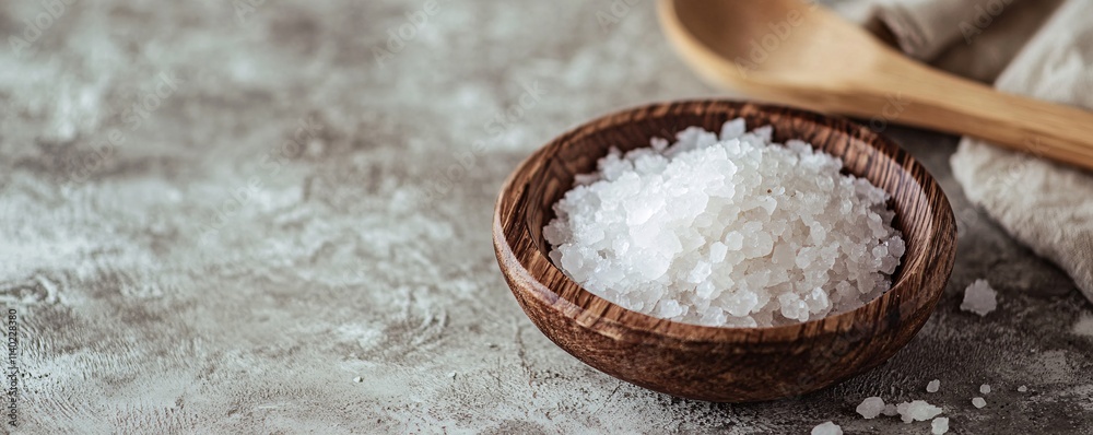 Large white crystals of sea salt filling a small wooden bowl