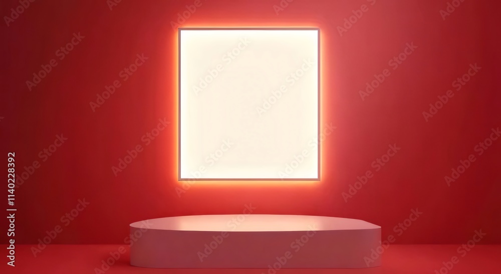 Illuminated pink podium against red wall. Illuminated pink podium against red wall.