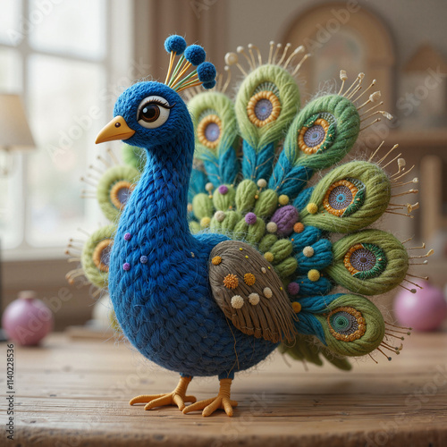 Colorful peacock with intricate feather design standing on a wooden surface in bright indoor setting photo