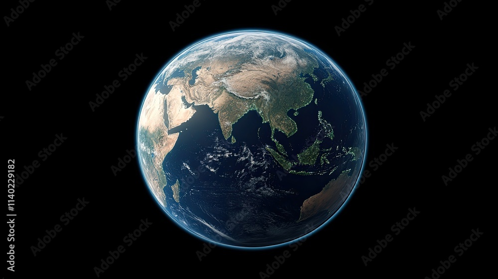 A glowing blue hologram of Earth displays continents and oceans, illuminated by global network connections with a focus on South Asia A glowing blue hologram of Earth displays continents and oceans, illuminated by global network connections with a focus on South Asia