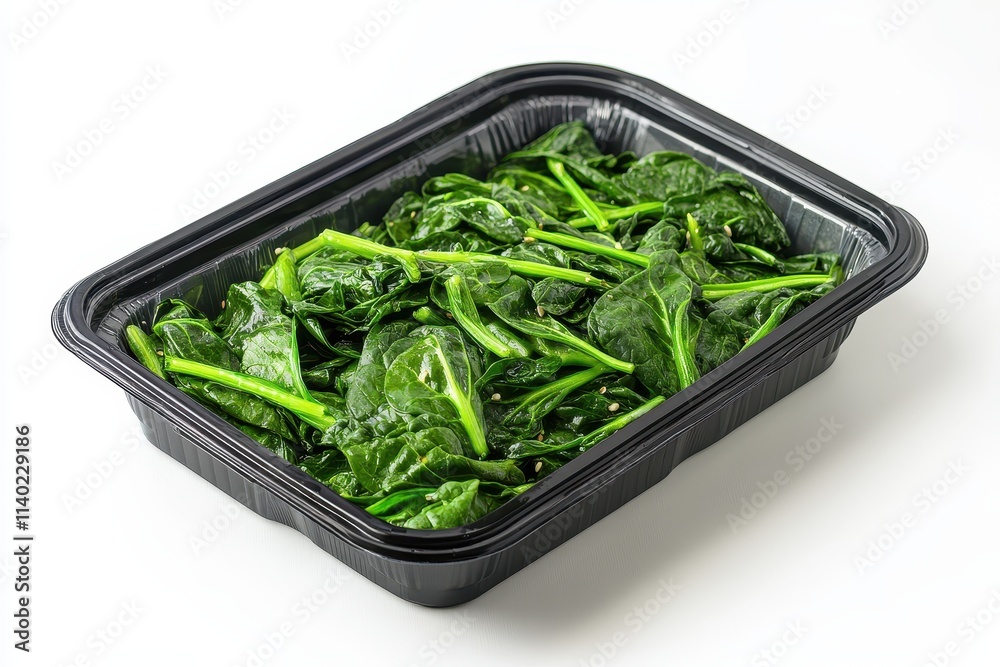 Korean spinach side dish in a plastic container on a white background Spinach is blanched and flavored with soy sauce garlic and sesame oil Korean spinach side dish in a plastic container on a white background Spinach is blanched and flavored with soy sauce garlic and sesame oil