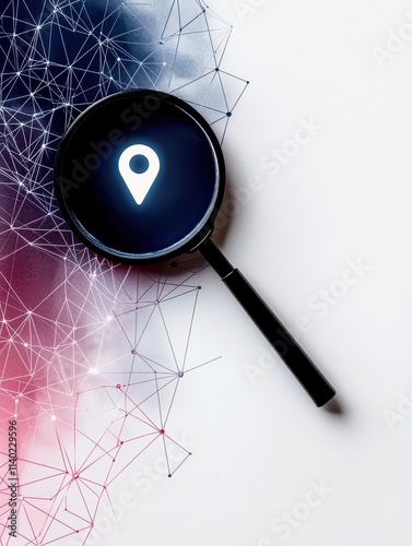 A magnifying glass focusing on a location point symbol amidst a network design.