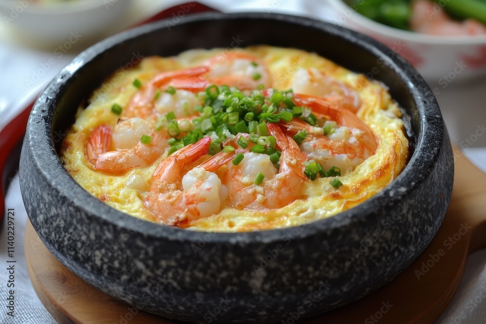 Korean steamed egg dish Gaeran Jjim made with eggs water and shrimp topped with chopped scallions and ebiko roe served in a hot stone bowl Korean steamed egg dish Gaeran Jjim made with eggs water and shrimp topped with chopped scallions and ebiko roe served in a hot stone bowl