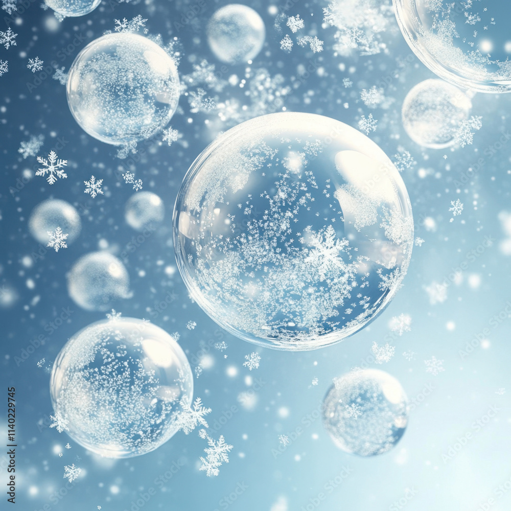 A serene scene of floating bubbles with snowflakes against a soft blue background. A serene scene of floating bubbles with snowflakes against a soft blue background.