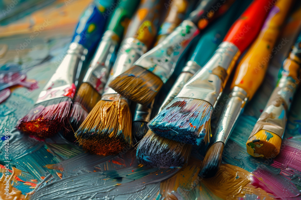 Fototapeta premium Generative AI image of talented artist passionately painting with vibrant colors on a large canvas in an art studio