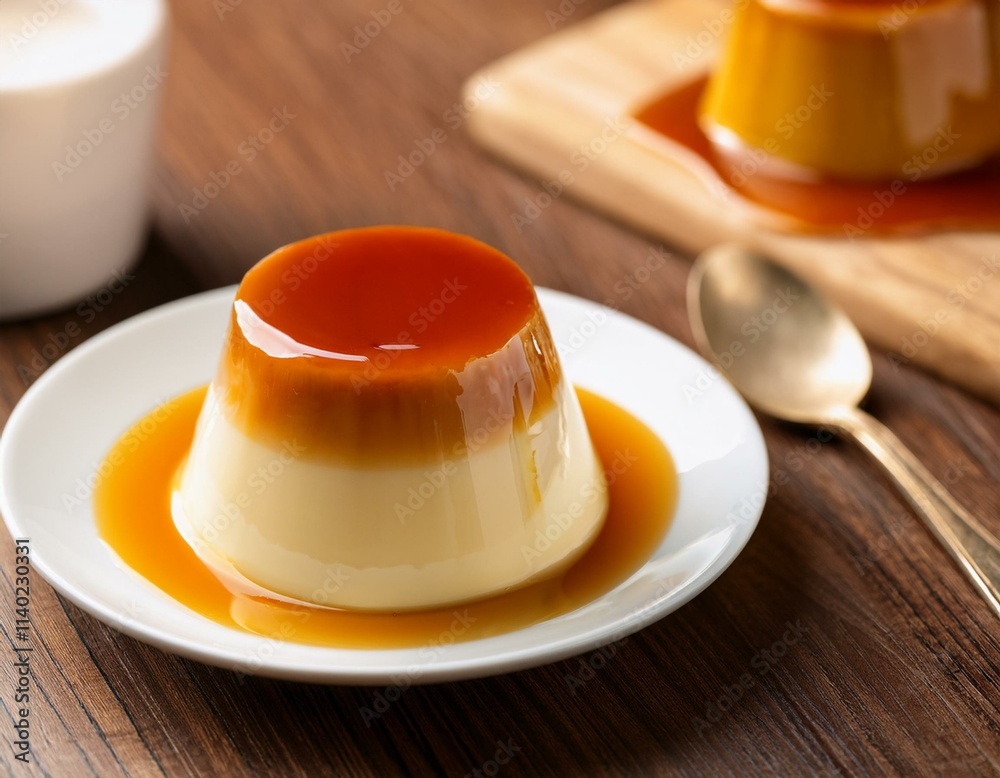 Milk pudding with caramelized syrup on wooden table. Generated image Milk pudding with caramelized syrup on wooden table. Generated image