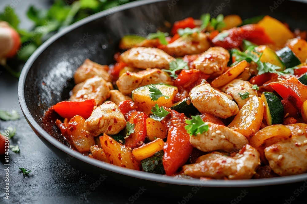 Korean stir fried vegetables and chicken in gochujang sauce cooked in a large pan called Dak Galbi Korean stir fried vegetables and chicken in gochujang sauce cooked in a large pan called Dak Galbi