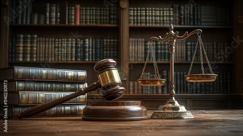 Gavel, scales, and law books on a table in a library.