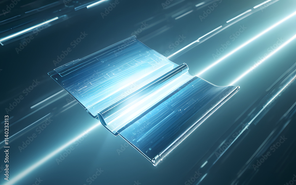 A digital folder, glowing and radiating light beams, suspended in a weightless, futuristic environment A digital folder, glowing and radiating light beams, suspended in a weightless, futuristic environment