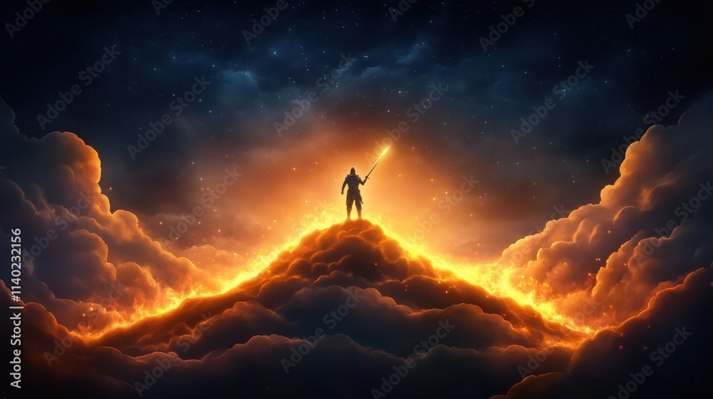 A figure stands triumphantly atop a glowing mountain, surrounded by vibrant clouds and an aura of light, symbolizing overcoming challenges. A figure stands triumphantly atop a glowing mountain, surrounded by vibrant clouds and an aura of light, symbolizing overcoming challenges.