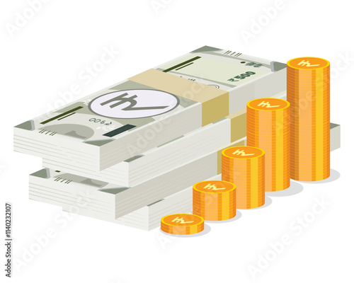 Bundle of Indian 500 rupee notes with a coin, symbolising currency and finance