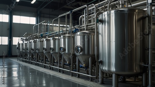 Factory production line of natural yoghurts  large steel tanks and equipment in empty space with no people.