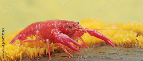 A freshwater crayfish is hunting for prey on moss growing on the riverbank. This aquatic animal has the scientific name Cherax quadricarinatus. photo