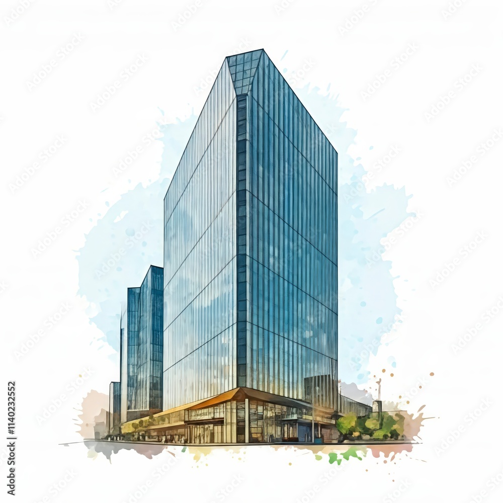 Modern Architectural Masterpiece: A watercolor rendering of a sleek, modern skyscraper, showcasing its architectural details and urban context. Modern Architectural Masterpiece: A watercolor rendering of a sleek, modern skyscraper, showcasing its architectural details and urban context.