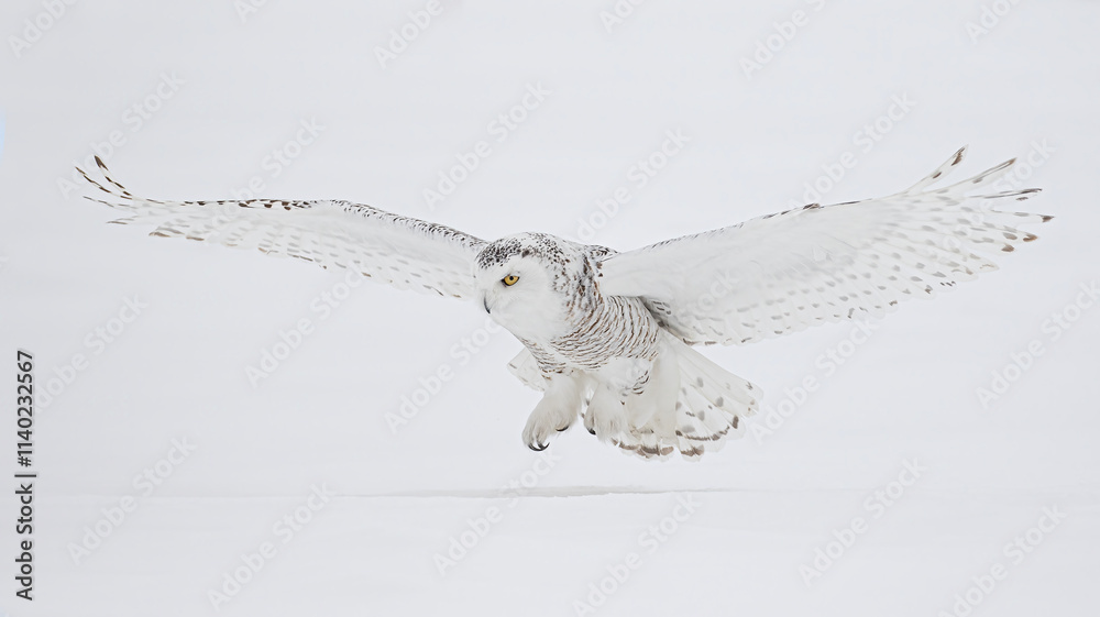 Snowy owl female isolated on white background landing in a snow covered field in Ottawa, Canada