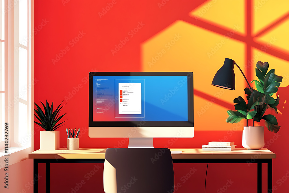 Fototapeta premium Smart Home Office with a Minimalist Design Featuring Ergonomic Furniture and Tech.