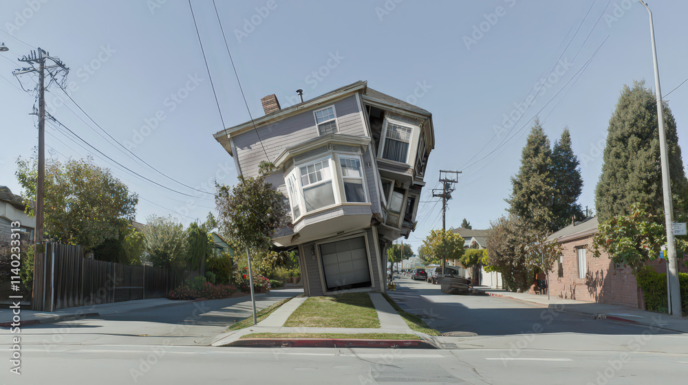 A tilted house dramatically leans over a street corner, creating a surreal visual effect. A tilted house dramatically leans over a street corner, creating a surreal visual effect.