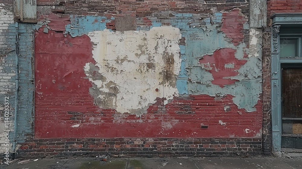 Naklejka premium Cracked and Peeling Urban Wall with Red, Blue, and White Paint Layers in Distressed Condition