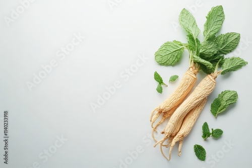 New ginseng root with mint leaves against a white backdrop photo