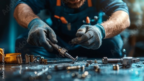 Close up flat lay image showcasing a tap reseating tool with a few small brass plumbing fittings arranged neatly on a flat surface