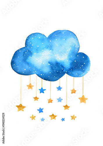 A whimsical watercolor illustration of a blue cloud with white polka dots, adorned with hanging stars in various shades of blue and gold.