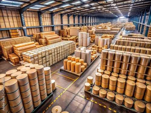 Aerial View Brown Packing Paper Roll Warehouse Storage, Stock Footage,  High Resolution, Drone Photography, Industrial Packaging, Paper Roll Supply, Shipping Materials photo