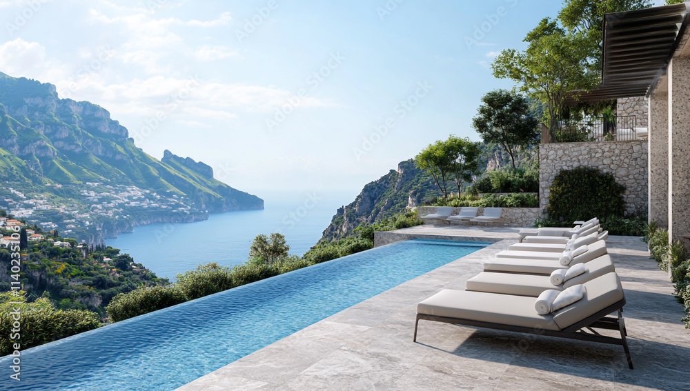 An elegant terrace with loungers, an infinity pool overlooking the Amalfi Coast An elegant terrace with loungers, an infinity pool overlooking the Amalfi Coast