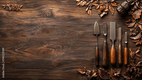 Chisels Lined Up Beside Carved Wooden Piece   Woodworking Tools and Craft  Close up of a set of wooden handled chisels neatly arranged next to a beautifully carved wooden object photo