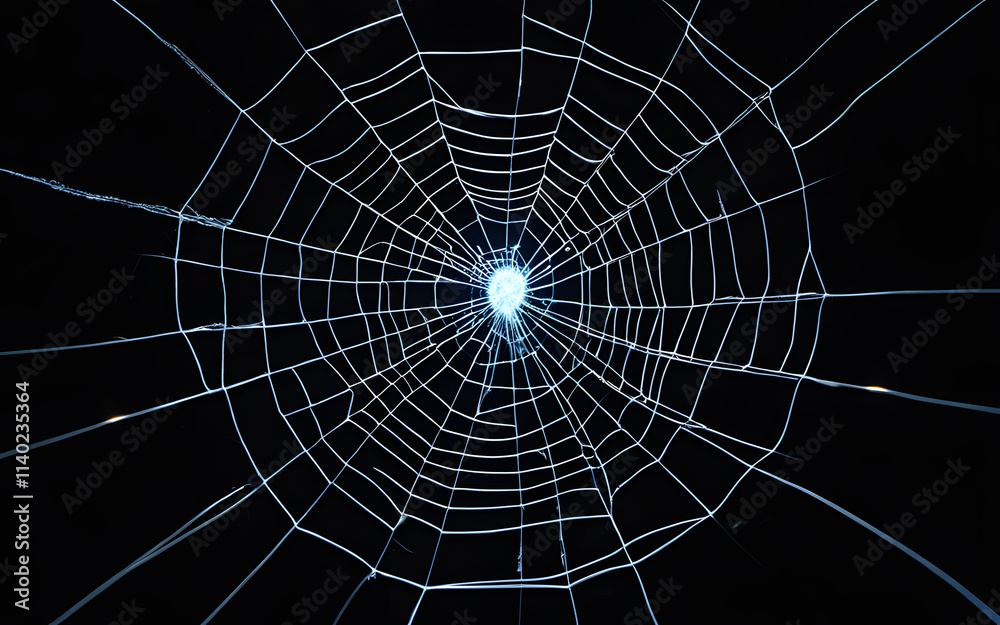 Obraz premium A glowing web of threads, symbolizing connectivity, radiating light across a dark void
