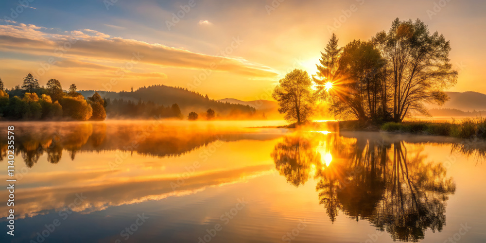 Obraz premium Golden light creeps over serene lake glassy surface, reflecting trees and mountains in tranquil scene. beauty of nature evokes sense of peace and calm